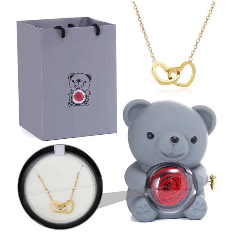NNEOBA Teddy Bear Gift Box with Rose Jewelry Storage (Grey)