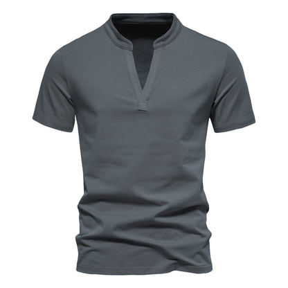 Men's Cotton Henley T-Shirt - Stand Collar Casual Tee - SlayGood