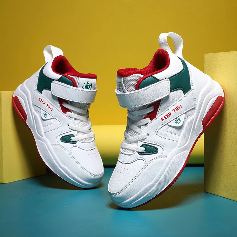 Boys High-Top Leather Sneakers - Kids Sports Shoes