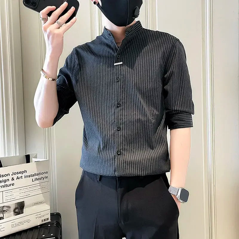 Men's Striped Stand Collar Shirt - Casual Long Sleeve - SlayGood