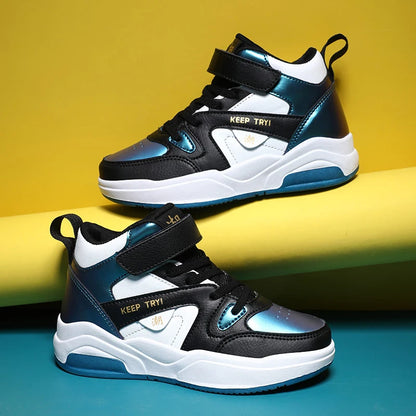 Boys High-Top Leather Sneakers - Kids Sports Shoes