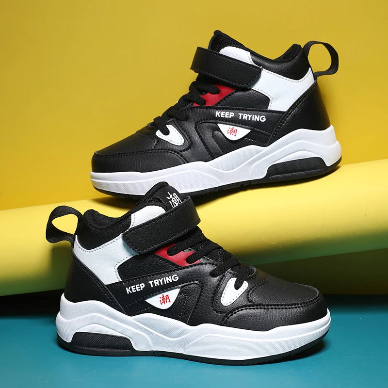 Boys High-Top Leather Sneakers - Kids Sports Shoes