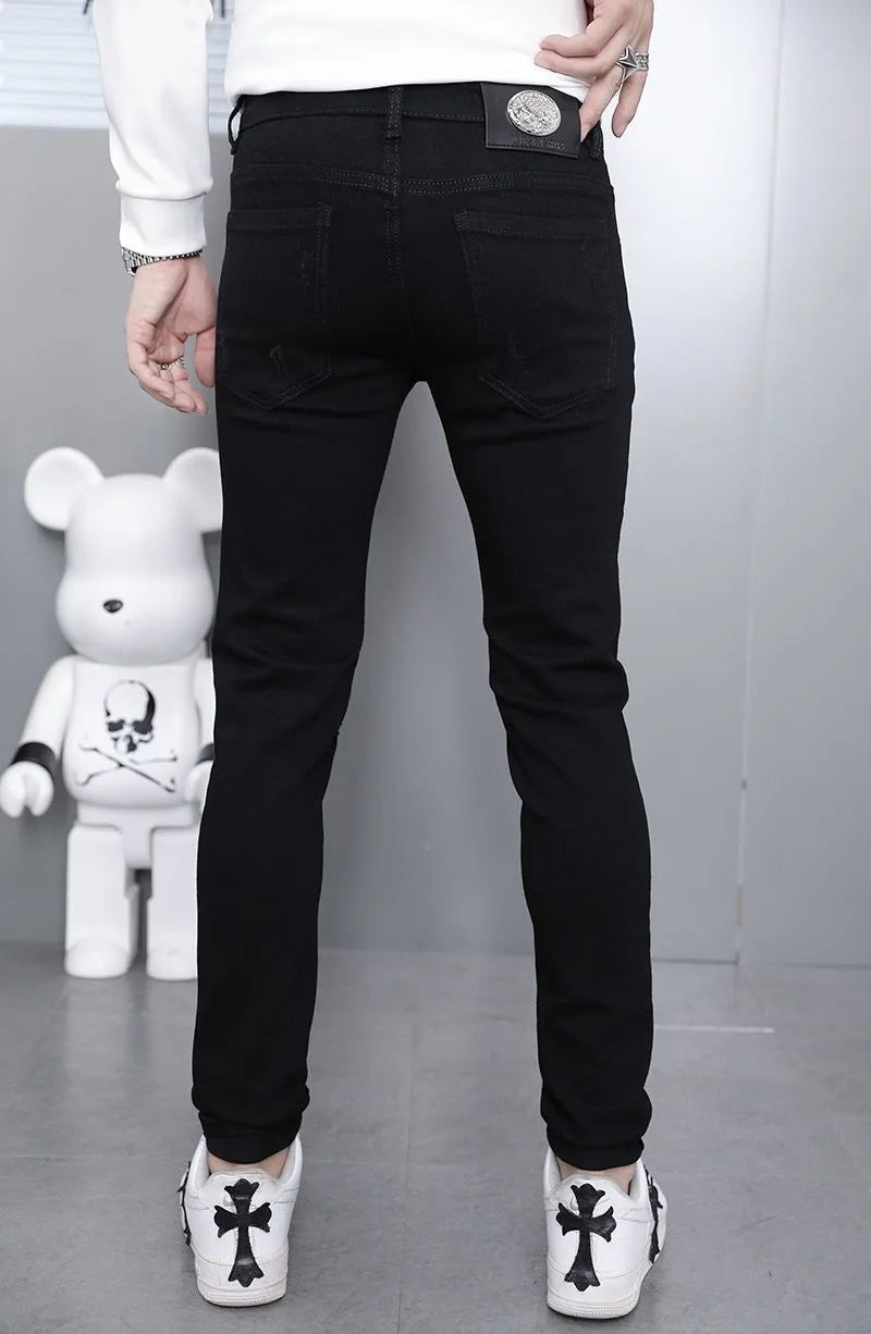 Men's Ripped Straight Leg Jeans - Black Stretch Denim - SlayGood