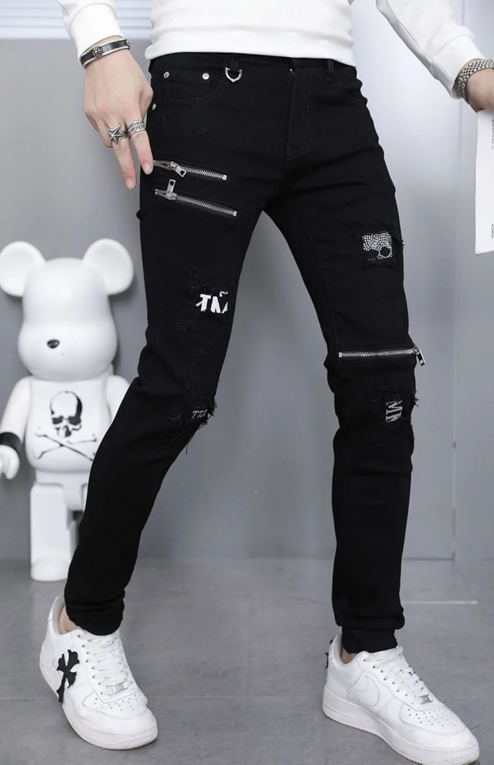 Men's Ripped Straight Leg Jeans - Black Stretch Denim - SlayGood