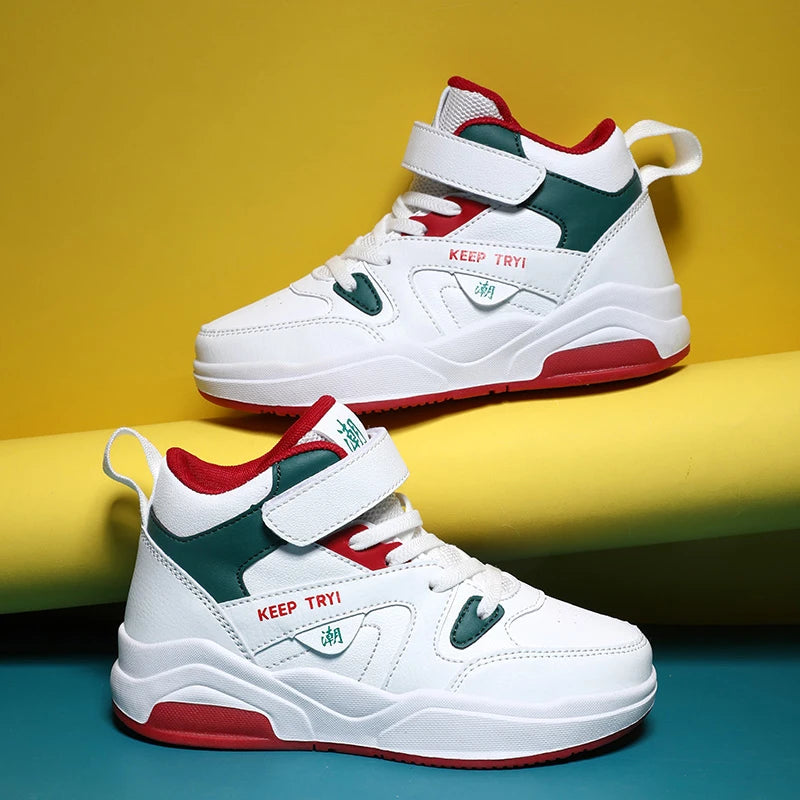 Boys High-Top Leather Sneakers - Kids Sports Shoes
