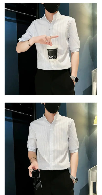 Men's Striped Stand Collar Shirt - Casual Long Sleeve - SlayGood