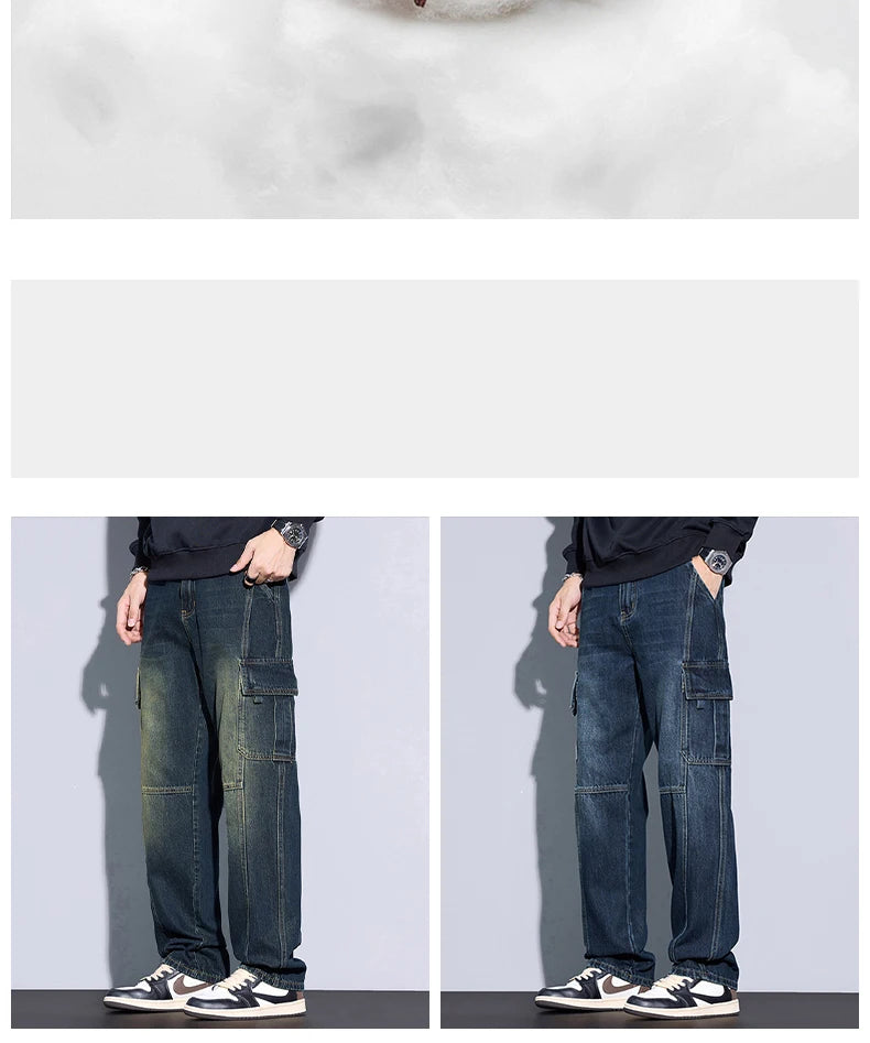 Men's Cotton Cargo Jeans - Vintage Loose Fit Denim - SlayGood