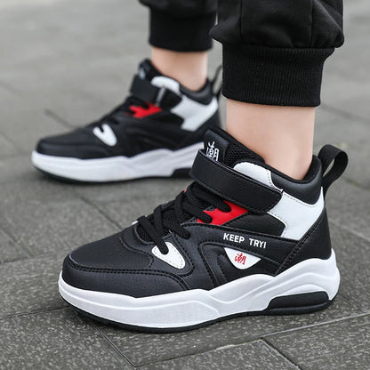 Boys High-Top Leather Sneakers - Kids Sports Shoes