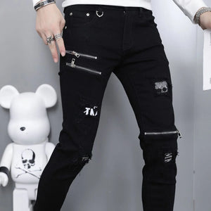Men's Ripped Straight Leg Jeans - Black Stretch Denim - SlayGood
