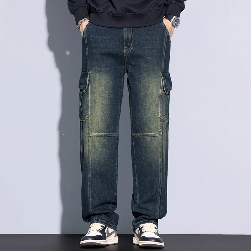 Men's Cotton Cargo Jeans - Vintage Loose Fit Denim - SlayGood