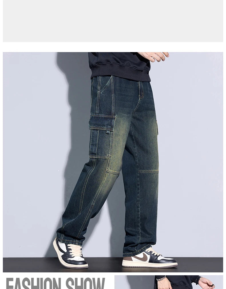 Men's Cotton Cargo Jeans - Vintage Loose Fit Denim - SlayGood