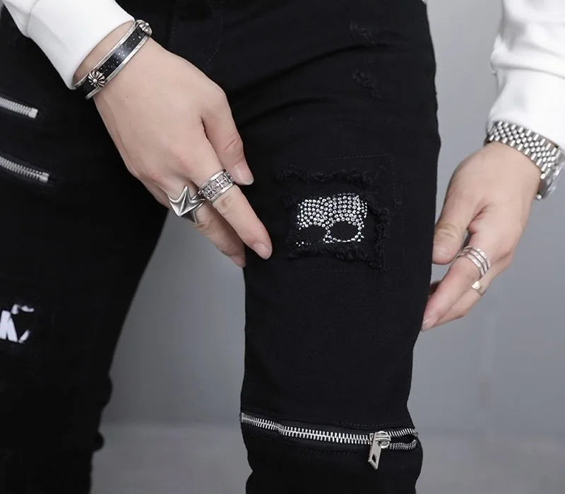 Men's Ripped Straight Leg Jeans - Black Stretch Denim - SlayGood