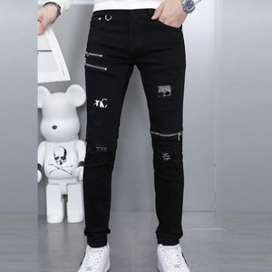 Men's Ripped Straight Leg Jeans - Black Stretch Denim - SlayGood