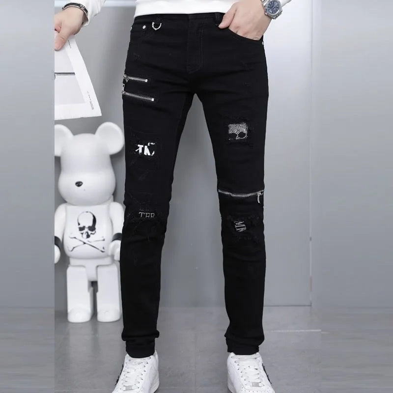 Men's Ripped Straight Leg Jeans - Black Stretch Denim - SlayGood