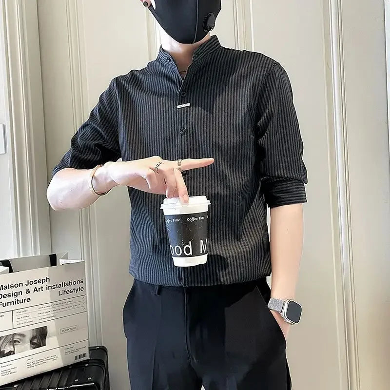 Men's Striped Stand Collar Shirt - Casual Long Sleeve - SlayGood
