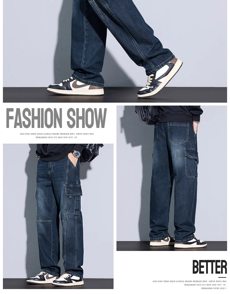 Men's Cotton Cargo Jeans - Vintage Loose Fit Denim - SlayGood