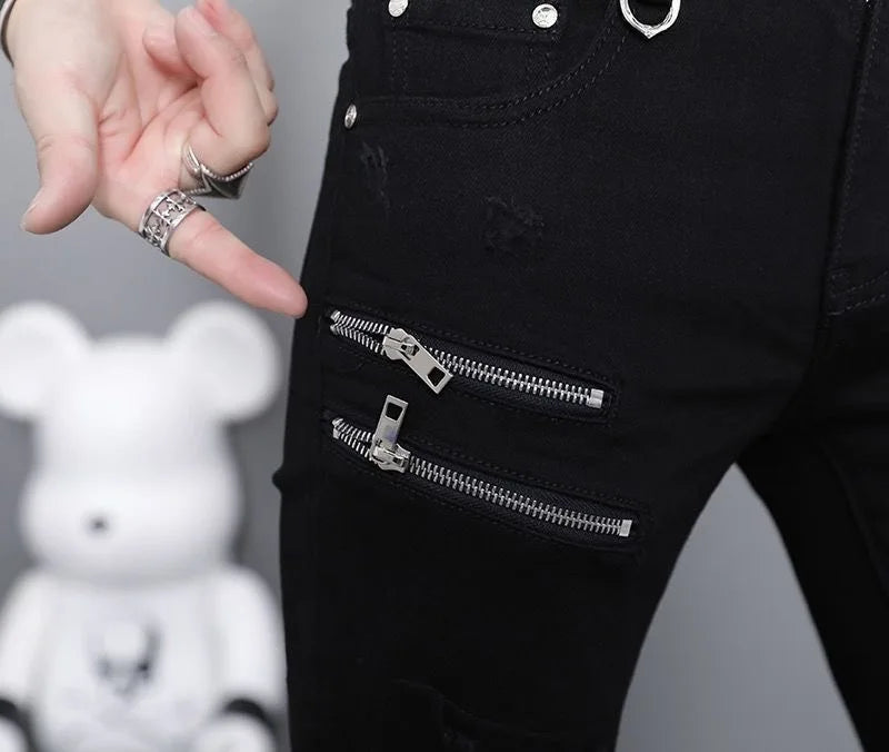 Men's Ripped Straight Leg Jeans - Black Stretch Denim - SlayGood