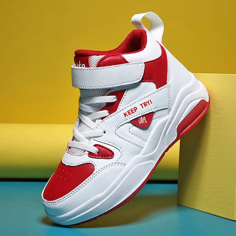 Boys High-Top Leather Sneakers - Kids Sports Shoes