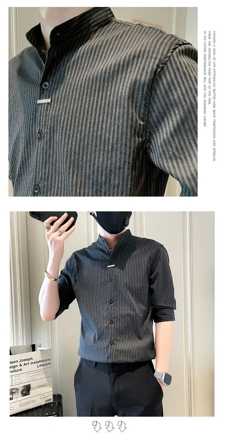 Men's Striped Stand Collar Shirt - Casual Long Sleeve - SlayGood