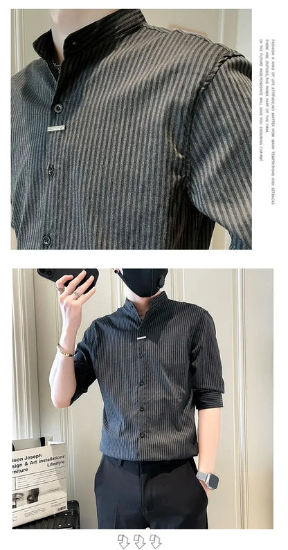Men's Striped Stand Collar Shirt - Casual Long Sleeve - SlayGood