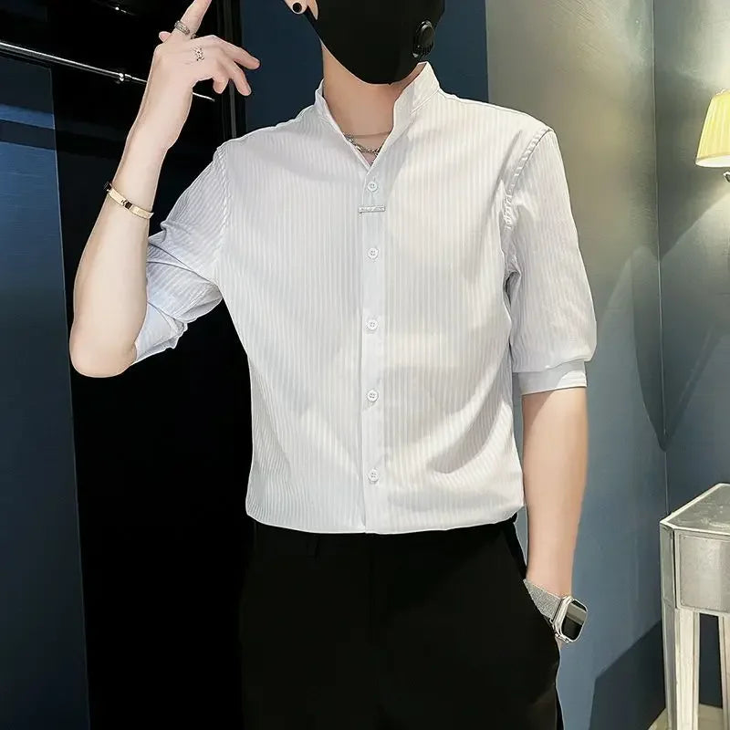 Men's Striped Stand Collar Shirt - Casual Long Sleeve - SlayGood