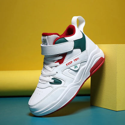 Boys High-Top Leather Sneakers - Kids Sports Shoes