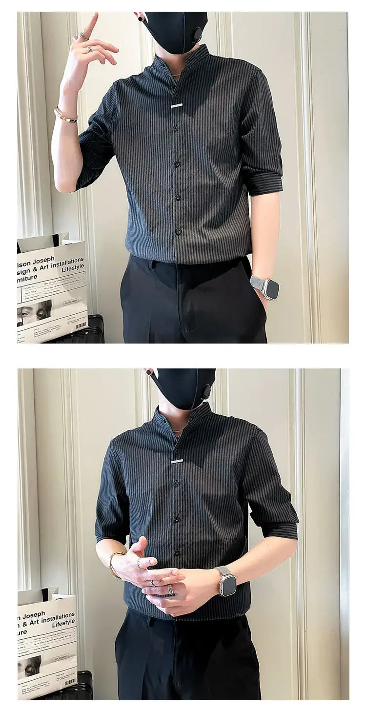 Men's Striped Stand Collar Shirt - Casual Long Sleeve - SlayGood