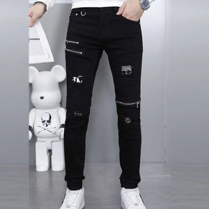 Men's Ripped Straight Leg Jeans - Black Stretch Denim - SlayGood