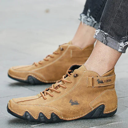 Men's High-Top Leather Sneakers - Slip-On Casual Shoes