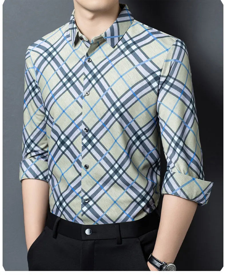 Men's Wrinkle-Free Business Shirt - Plaid Long Sleeve - SlayGood