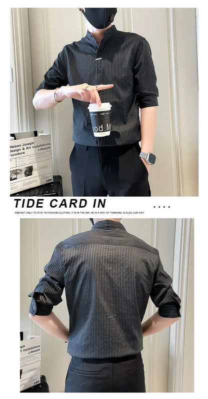 Men's Striped Stand Collar Shirt - Casual Long Sleeve - SlayGood