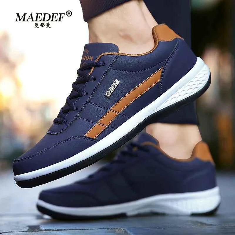 Men's Waterproof Leather Sneakers - Casual Lace-Up Shoes