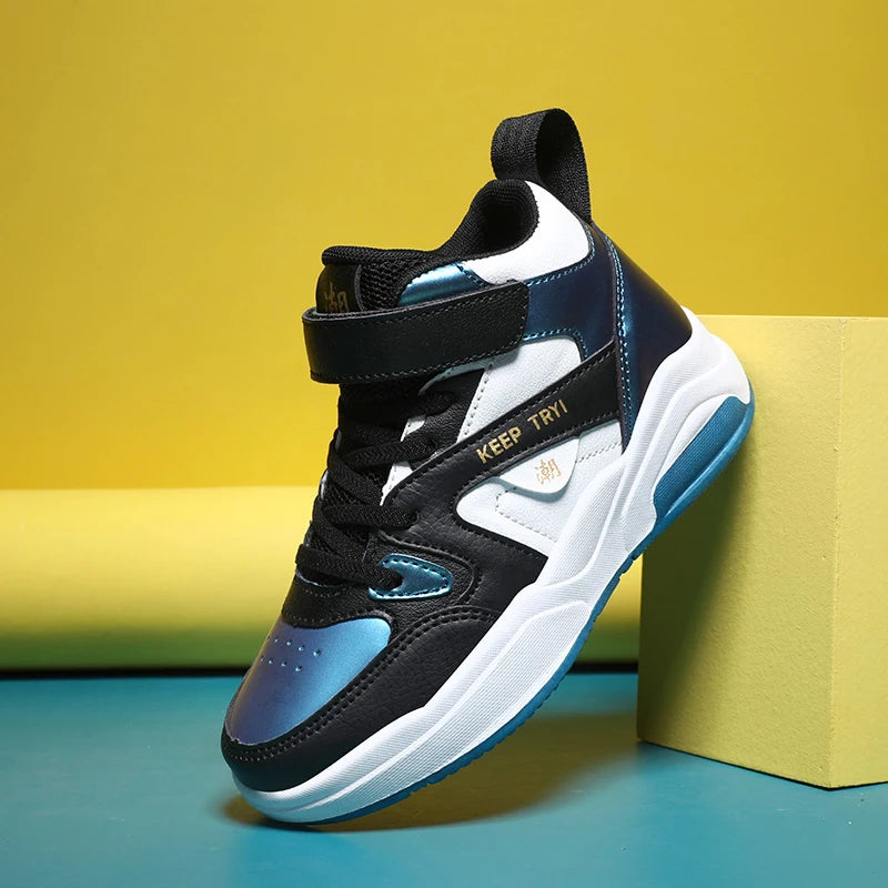 Boys High-Top Leather Sneakers - Kids Sports Shoes
