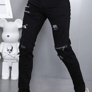 Men's Ripped Straight Leg Jeans - Black Stretch Denim - SlayGood