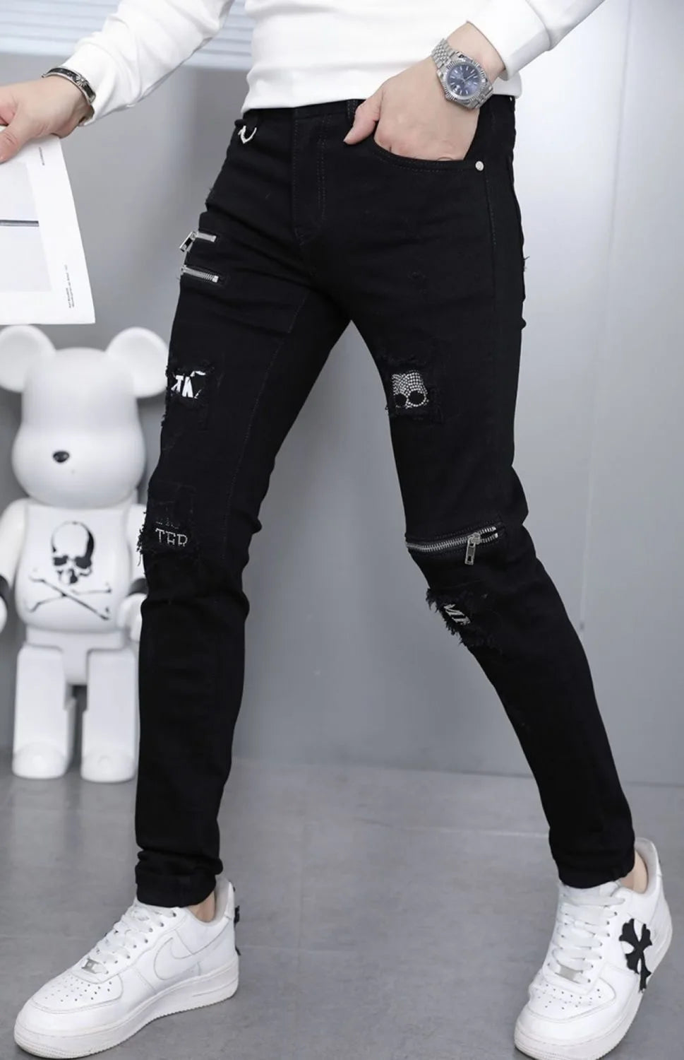 Men's Ripped Straight Leg Jeans - Black Stretch Denim - SlayGood