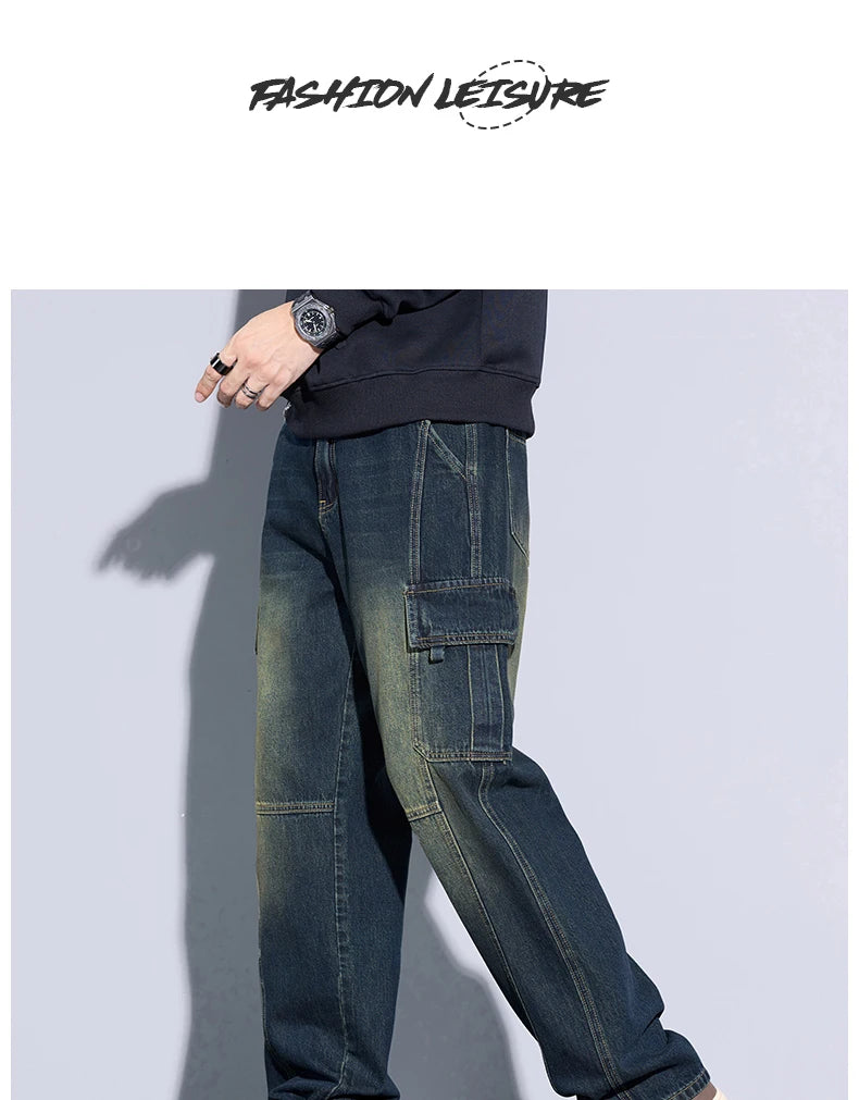 Men's Cotton Cargo Jeans - Vintage Loose Fit Denim - SlayGood