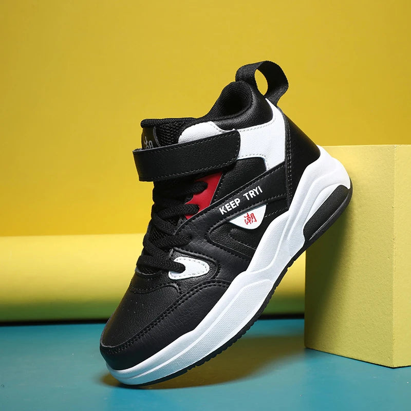 Boys High-Top Leather Sneakers - Kids Sports Shoes