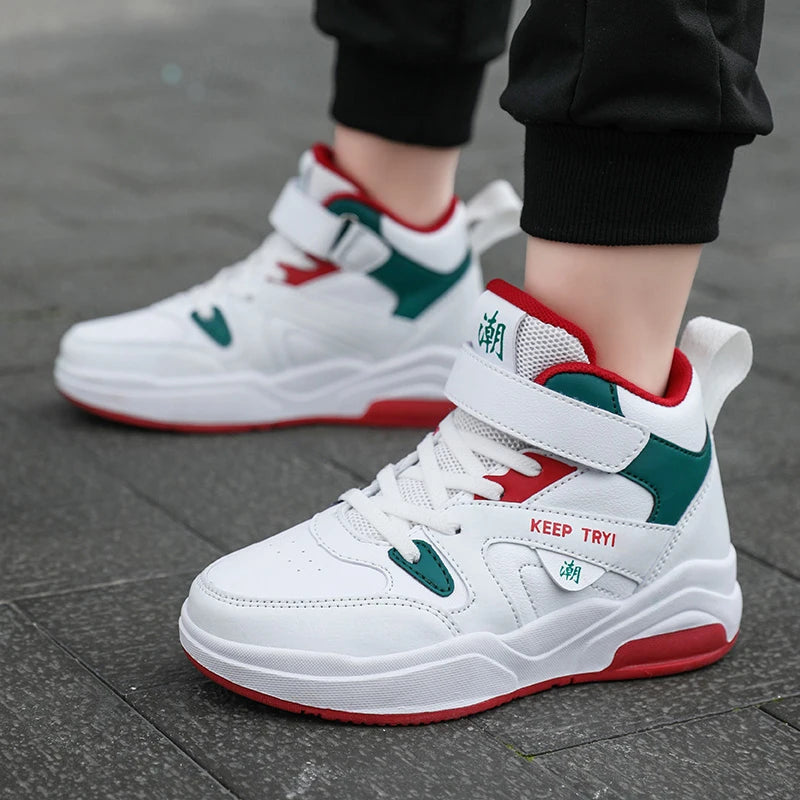 Boys High-Top Leather Sneakers - Kids Sports Shoes