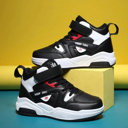 Boys High-Top Leather Sneakers - Kids Sports Shoes