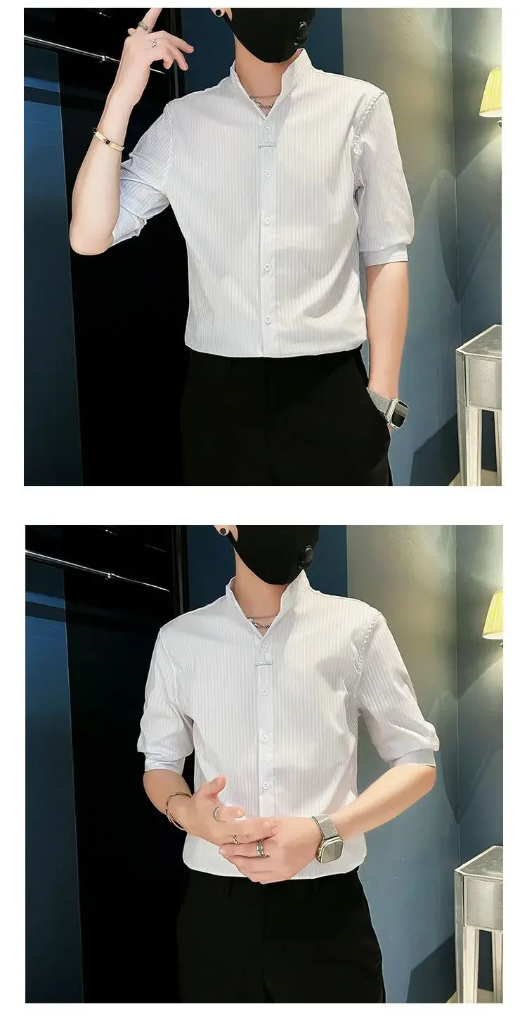 Men's Striped Stand Collar Shirt - Casual Long Sleeve - SlayGood