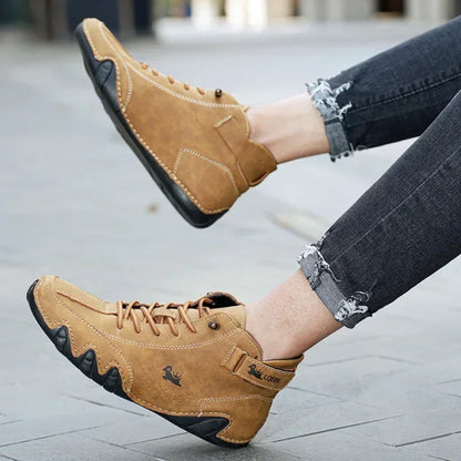 Men's High-Top Leather Sneakers - Slip-On Casual Shoes