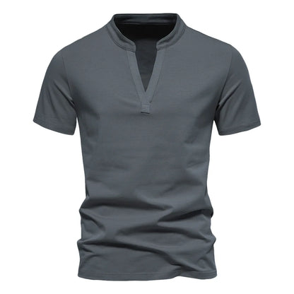Men's Cotton Henley T-Shirt - Stand Collar Casual Tee - SlayGood