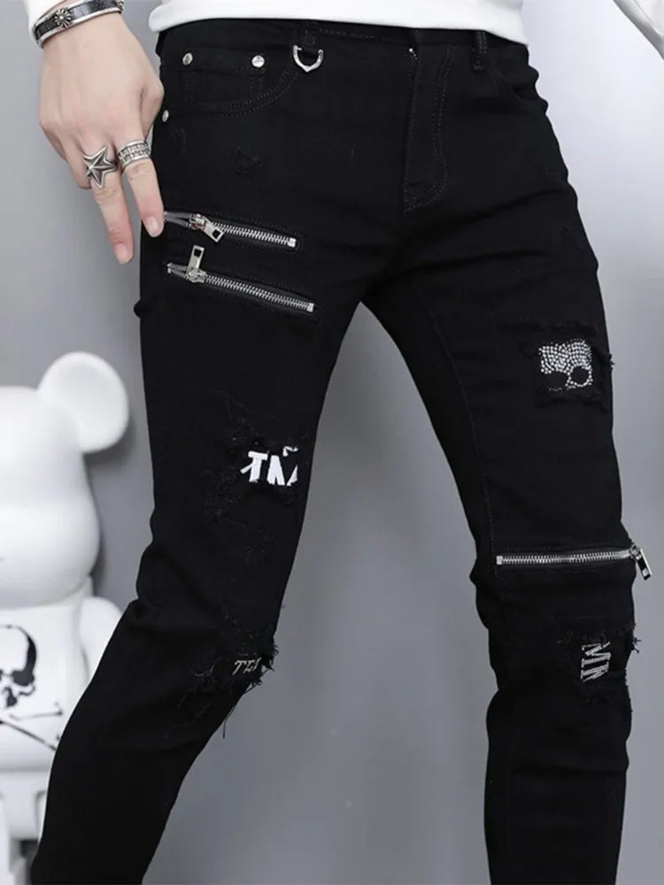 Men's Ripped Straight Leg Jeans - Black Stretch Denim - SlayGood