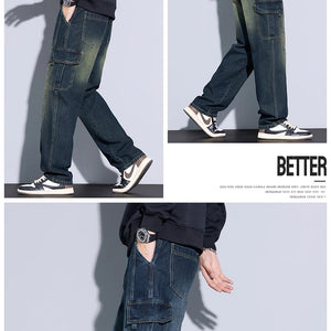 Men's Cotton Cargo Jeans - Vintage Loose Fit Denim - SlayGood