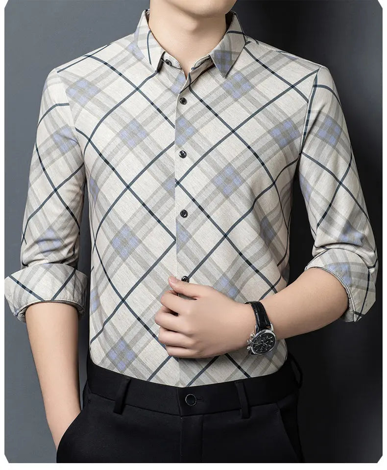 Men's Wrinkle-Free Business Shirt - Plaid Long Sleeve - SlayGood