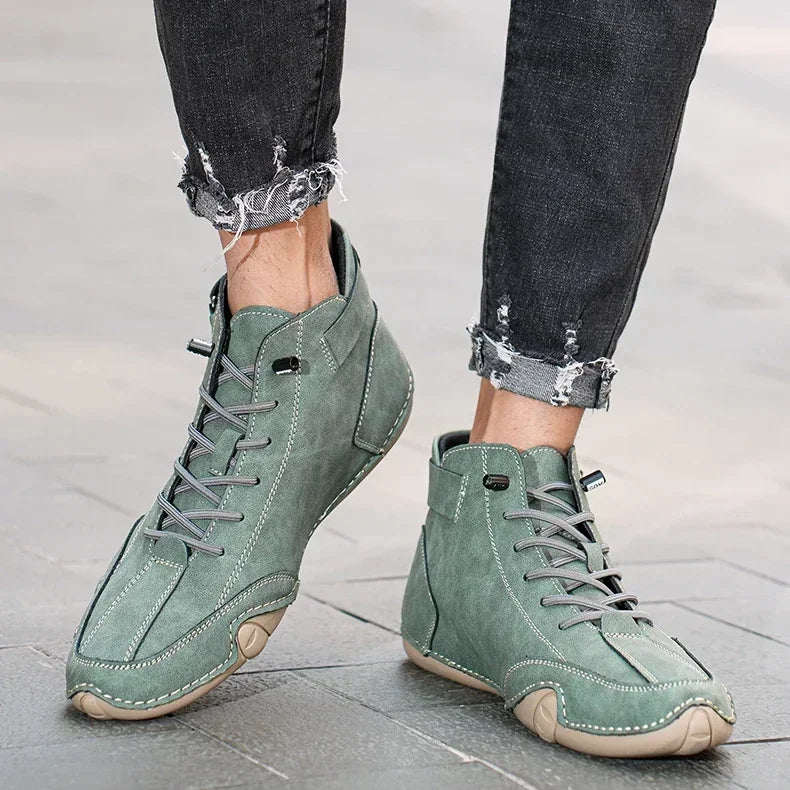 Men's High-Top Leather Sneakers - Slip-On Casual Shoes