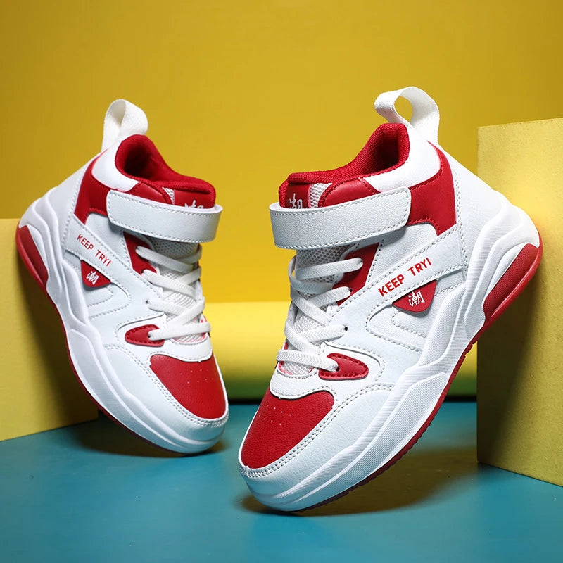 Boys High-Top Leather Sneakers - Kids Sports Shoes