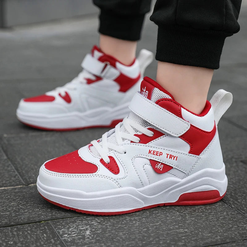 Boys High-Top Leather Sneakers - Kids Sports Shoes