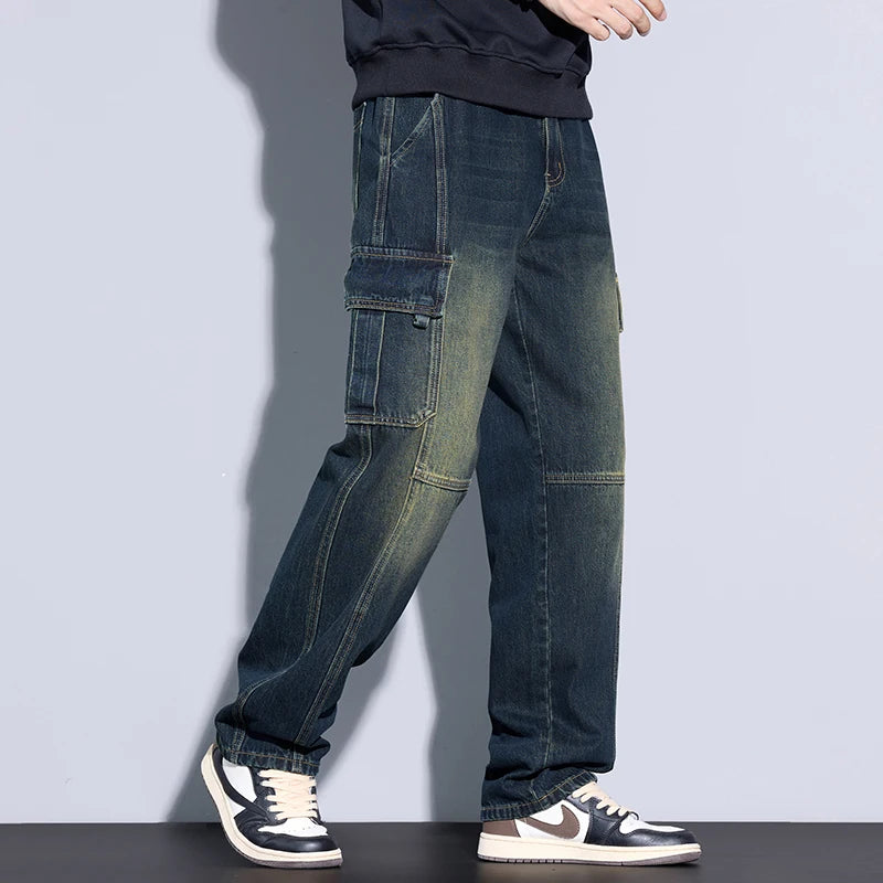 Men's Cotton Cargo Jeans - Vintage Loose Fit Denim - SlayGood