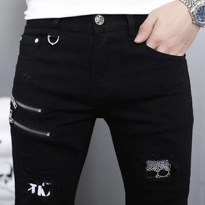 Men's Ripped Straight Leg Jeans - Black Stretch Denim - SlayGood